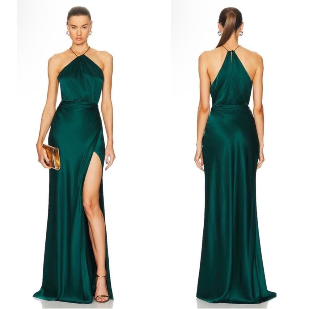 Emerald Halter Satin Maxi Dress with Thigh Slit